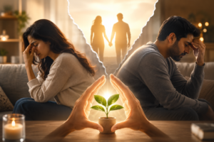 Couple experiencing relationship challenges with a symbolic image of healing, hope, and emotional reconnection.