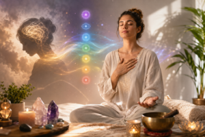 A peaceful wellness scene representing energy healing for anxiety, featuring a calm individual meditating with soft natural light, healing energy flow, chakra-inspired elements, crystals, and a tranquil environment symbolizing emotional balance, stress relief, mindfulness, and holistic healing.