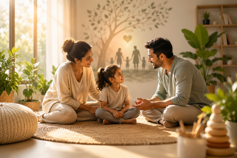 Parents and child sharing a calm, connected moment in a warm home, representing conscious parenting, emotional resilience, mindful communication, and positive family relationships.