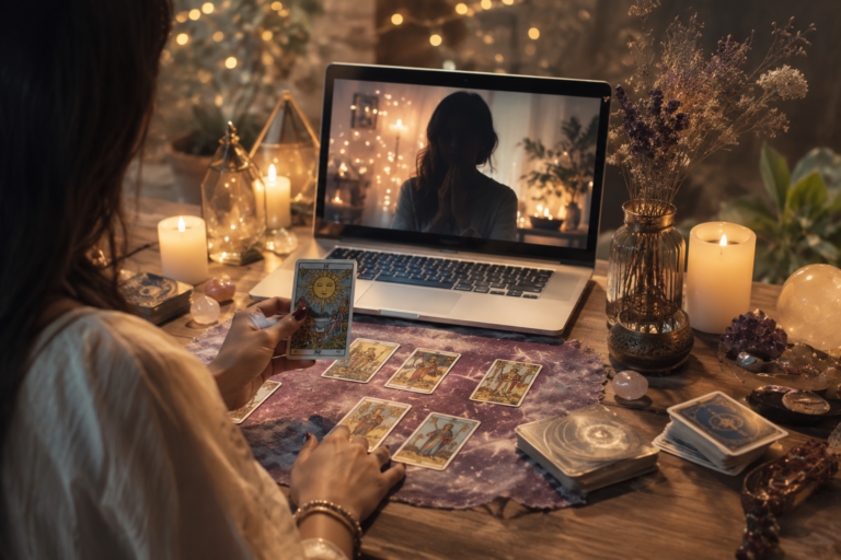 Professional online tarot reading session with tarot cards, crystals, and a calming spiritual setting, representing accurate virtual tarot guidance, intuitive insight, and holistic clarity for clients worldwide.