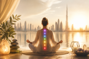 Spiritual healing in Dubai with a serene holistic wellness atmosphere, energy healing and peaceful meditation against the Dubai skyline.