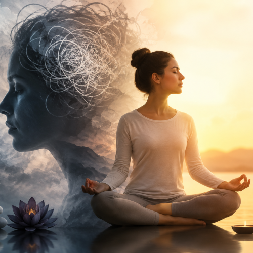 Woman meditating peacefully beside a serene lake, symbolizing the journey from overthinking and emotional stress to inner calm and holistic wellbeing.