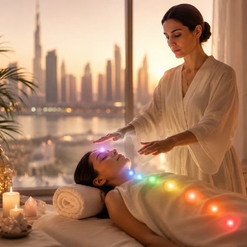 Energy healing session in Dubai with chakra balancing and holistic wellness therapy.
