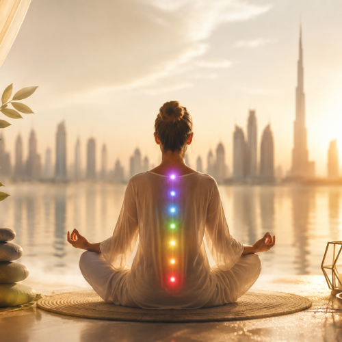 Spiritual healing in Dubai with a serene holistic wellness atmosphere, energy healing and peaceful meditation against the Dubai skyline.