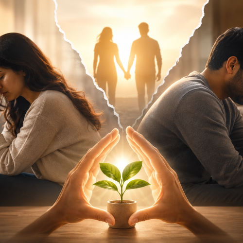 Couple experiencing relationship challenges with a symbolic image of healing, hope, and emotional reconnection.