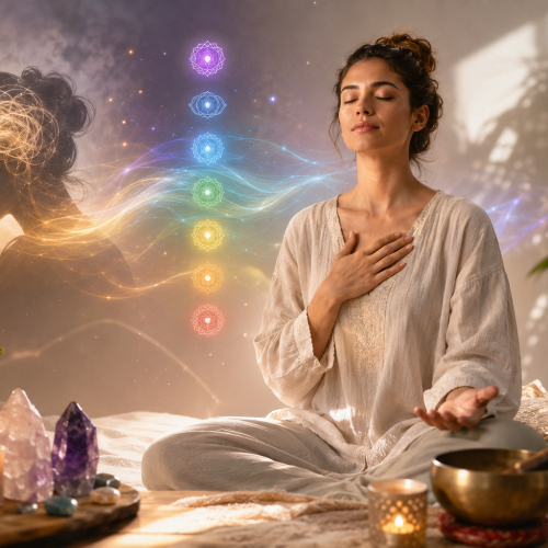 A peaceful wellness scene representing energy healing for anxiety, featuring a calm individual meditating with soft natural light, healing energy flow, chakra-inspired elements, crystals, and a tranquil environment symbolizing emotional balance, stress relief, mindfulness, and holistic healing.