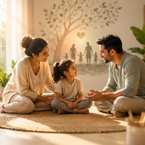 Parents and child sharing a calm, connected moment in a warm home, representing conscious parenting, emotional resilience, mindful communication, and positive family relationships.