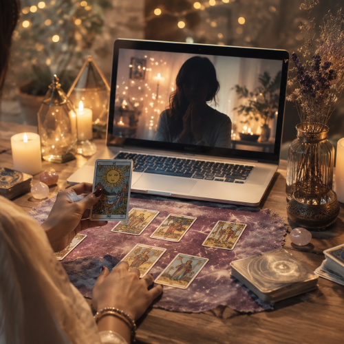 Professional online tarot reading session with tarot cards, crystals, and a calming spiritual setting, representing accurate virtual tarot guidance, intuitive insight, and holistic clarity for clients worldwide.